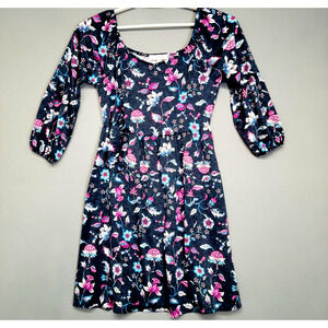 Harlow & Rose Floral Fit & Flare Dress Womens M Smocked Waist Cottagecore Navy